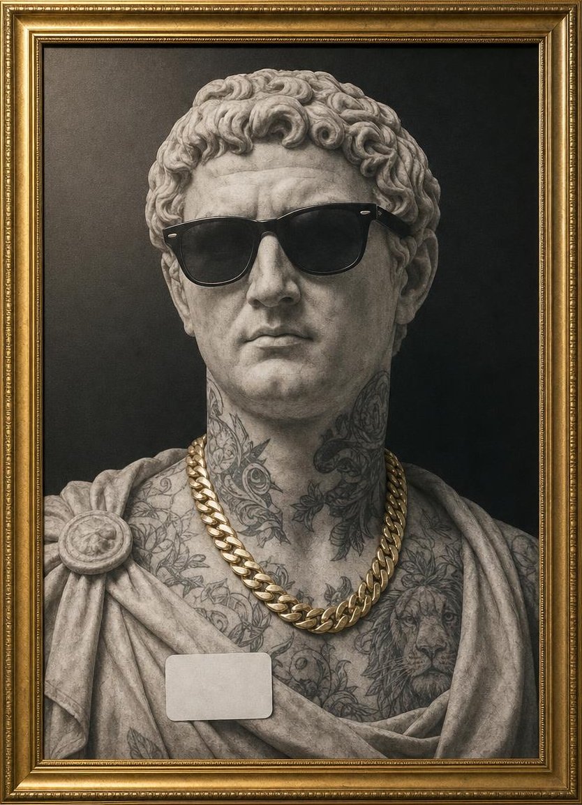Roman emperor bust in sunglasses with a gold chain, in an ornate gold frame