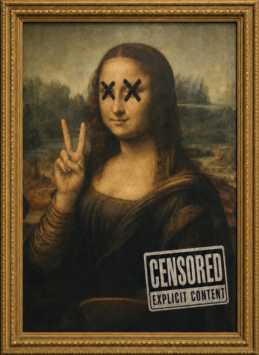 Mona Lisa print with black X marks over the eyes and a peace sign, in an ornate gold frame