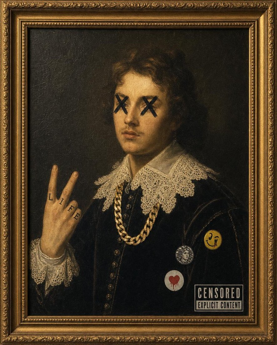 Baroque nobleman print with X marks over the eyes, a peace sign and stickers