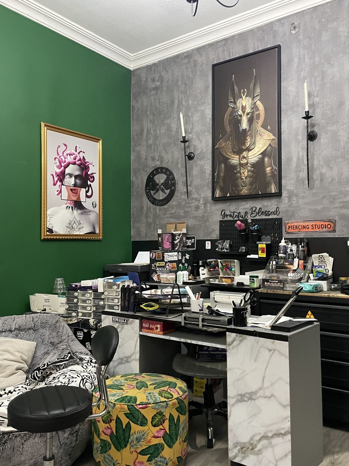 Desk corner with the Anubis painting