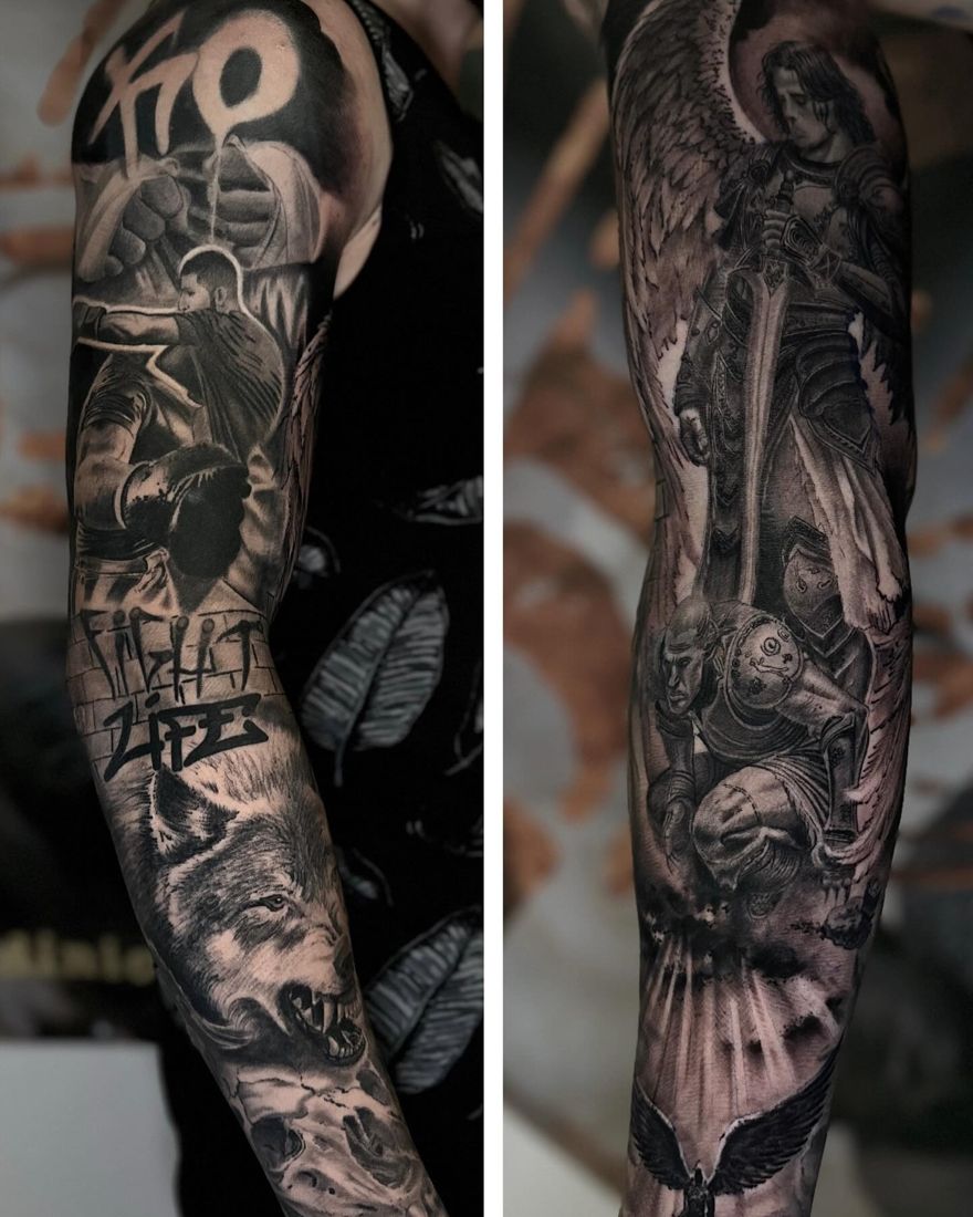 Archangel full sleeve, black and grey realism