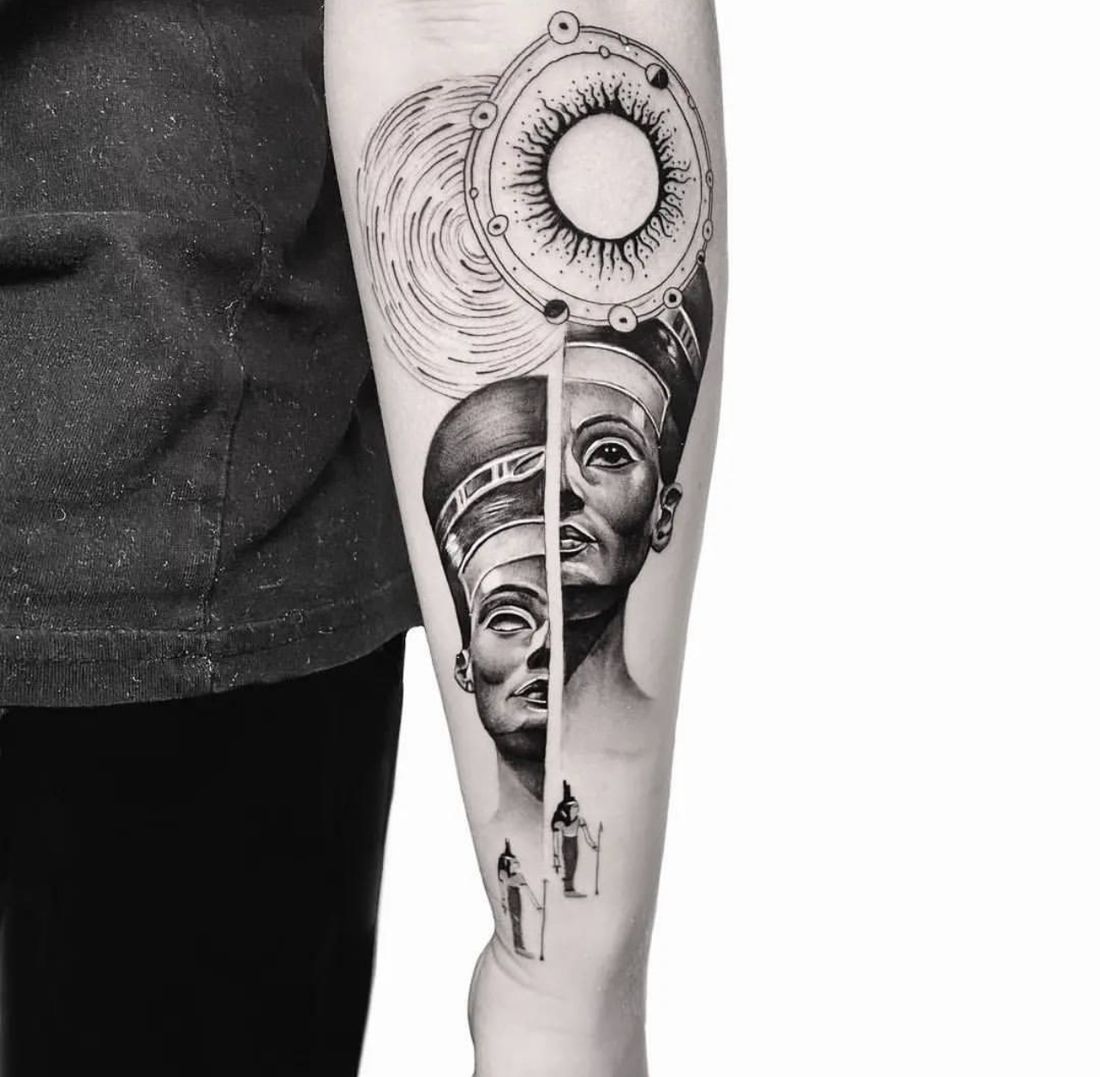 Nefertiti split face with a solar system