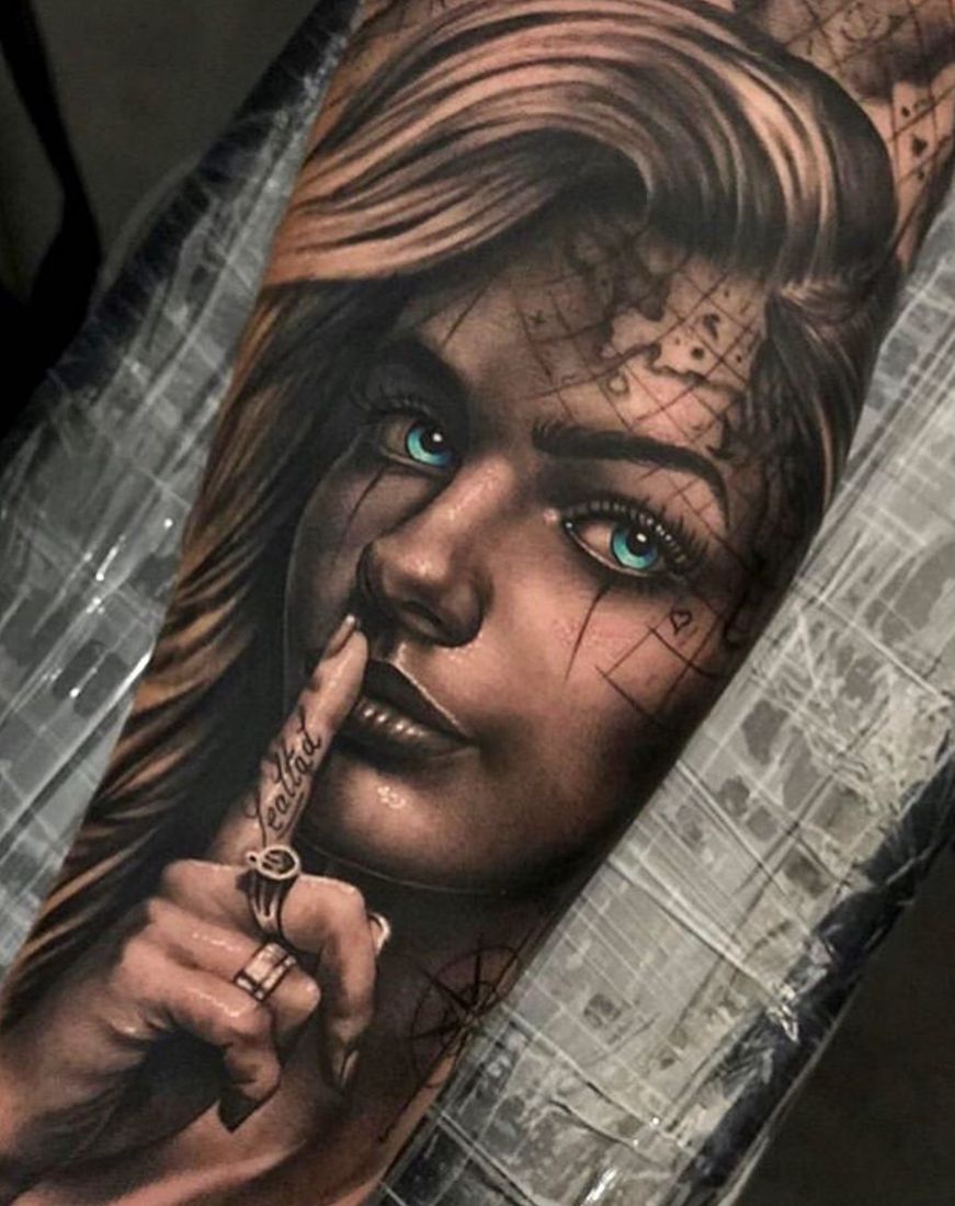 Woman portrait with a finger to her lips, realism